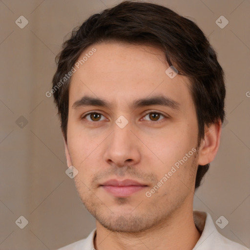 Neutral white young-adult male with short  brown hair and brown eyes