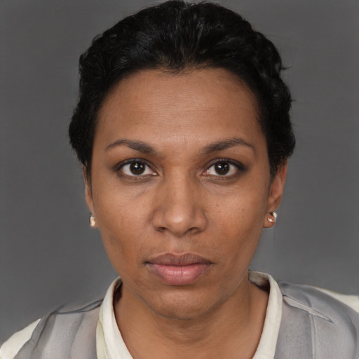 Neutral black young-adult female with short  black hair and brown eyes