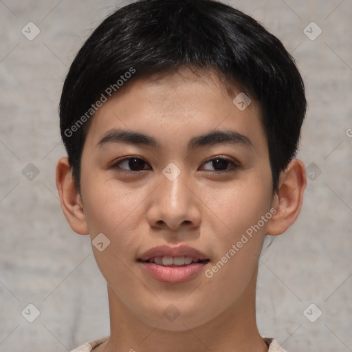 Joyful asian young-adult male with short  brown hair and brown eyes