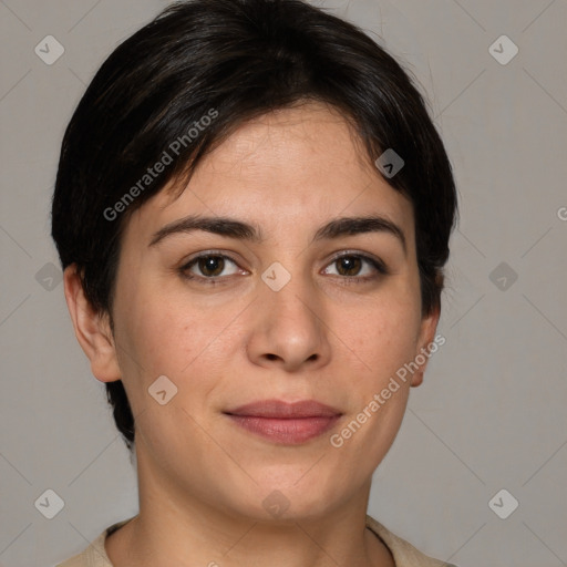 Joyful white young-adult female with medium  brown hair and grey eyes