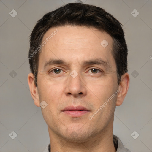 Neutral white adult male with short  brown hair and brown eyes