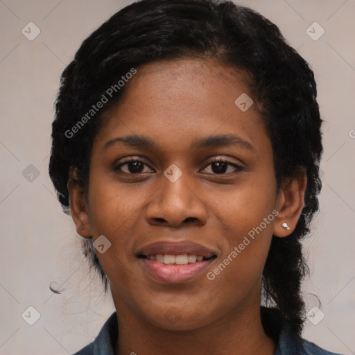 Joyful black young-adult female with medium  black hair and brown eyes