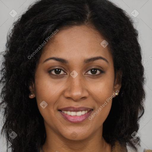 Joyful latino young-adult female with long  brown hair and brown eyes