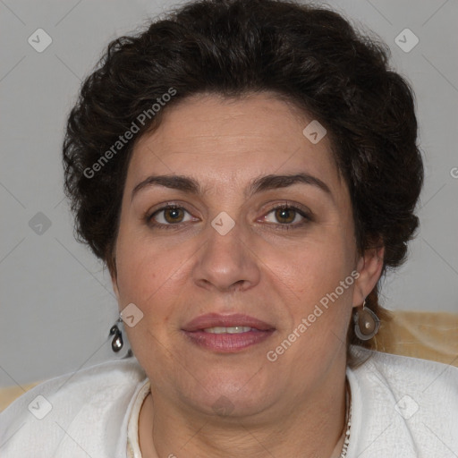 Joyful white adult female with short  brown hair and brown eyes