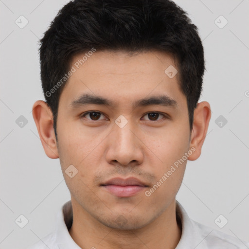 Neutral asian young-adult male with short  black hair and brown eyes