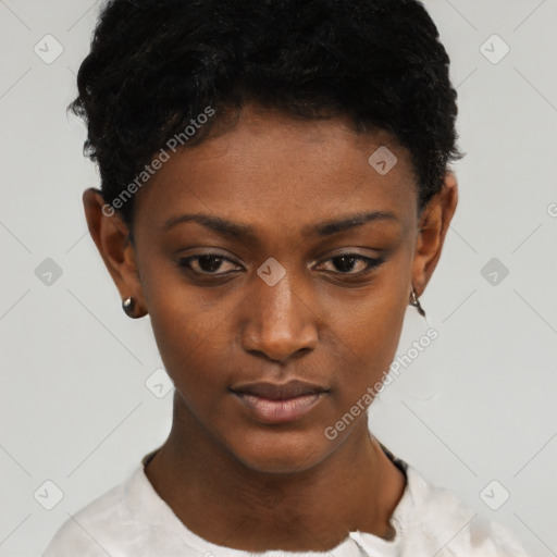 Neutral black young-adult female with short  black hair and brown eyes