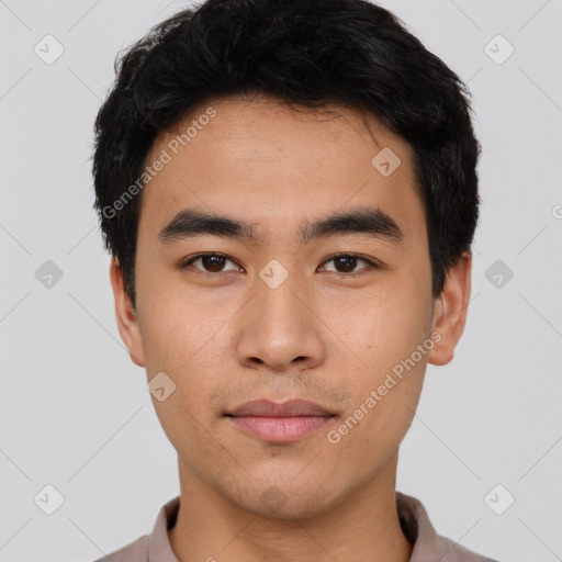 Neutral asian young-adult male with short  black hair and brown eyes