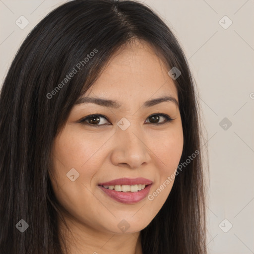 Joyful white young-adult female with long  brown hair and brown eyes