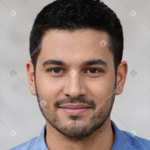 Joyful white young-adult male with short  black hair and brown eyes