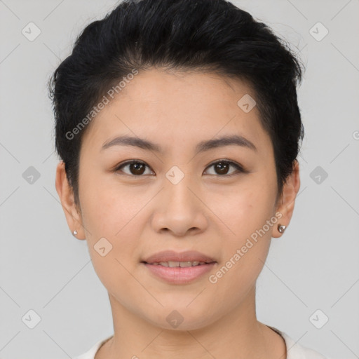 Joyful asian young-adult female with short  brown hair and brown eyes