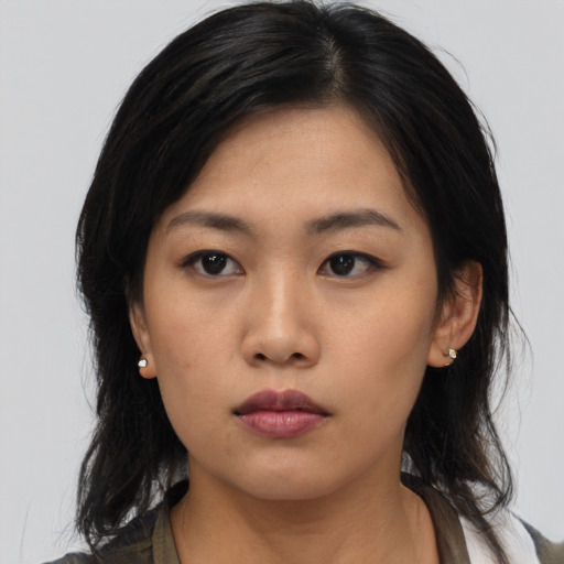 Neutral asian young-adult female with medium  black hair and brown eyes