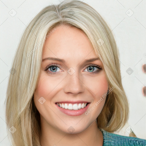 Joyful white young-adult female with medium  brown hair and blue eyes