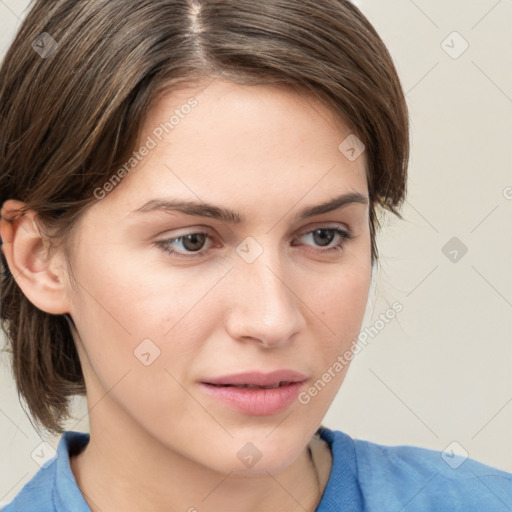 Joyful white young-adult female with medium  brown hair and blue eyes