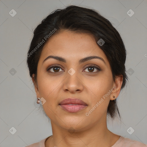 Joyful latino young-adult female with medium  brown hair and brown eyes