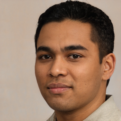 Neutral latino young-adult male with short  black hair and brown eyes