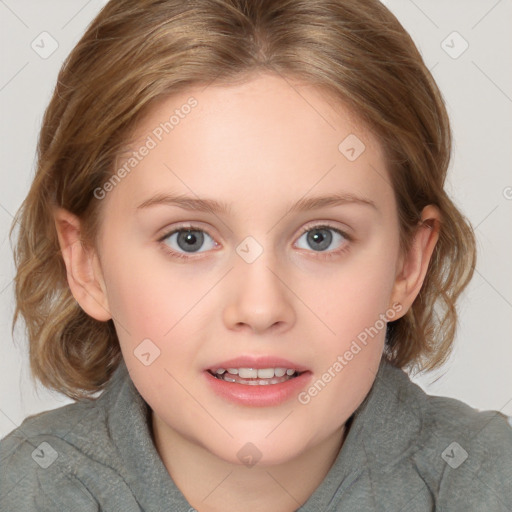 Joyful white child female with medium  brown hair and brown eyes