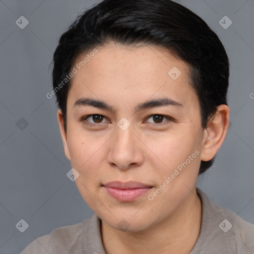 Joyful asian young-adult female with short  brown hair and brown eyes