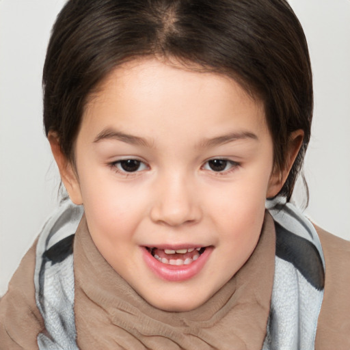 Joyful white child female with medium  brown hair and brown eyes