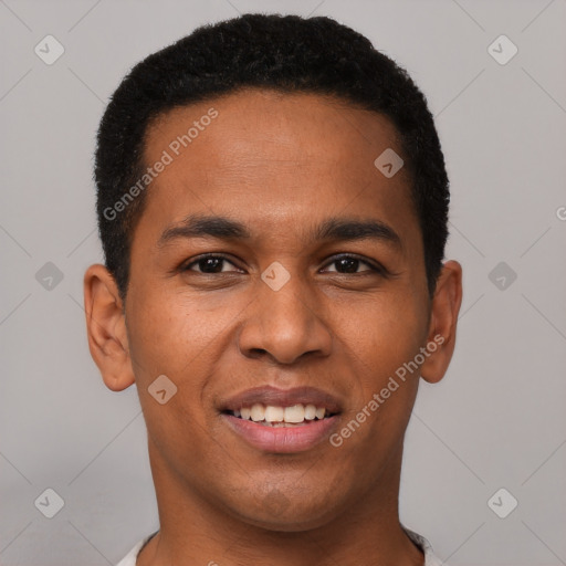 Joyful latino young-adult male with short  brown hair and brown eyes