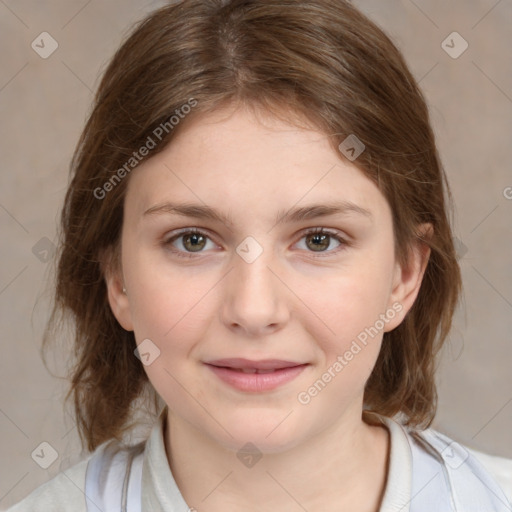 Joyful white child female with medium  brown hair and grey eyes