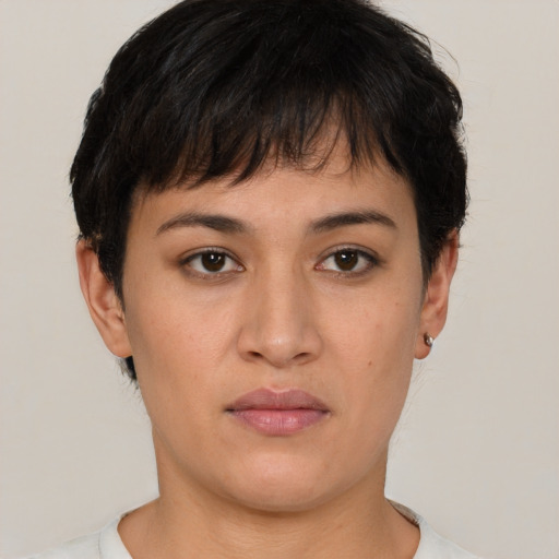Neutral asian young-adult female with short  brown hair and brown eyes