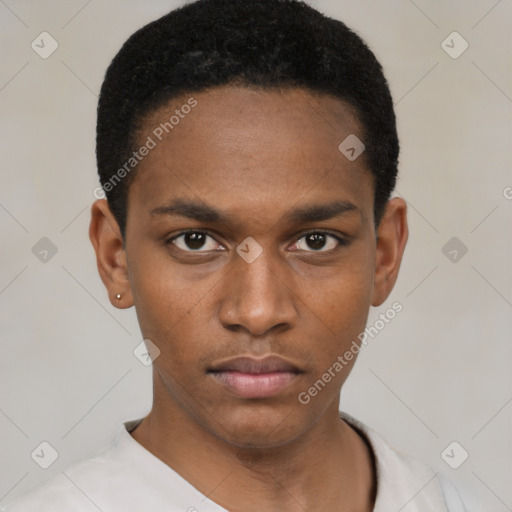 Neutral black young-adult male with short  black hair and brown eyes