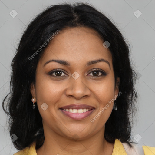 Joyful black young-adult female with medium  brown hair and brown eyes