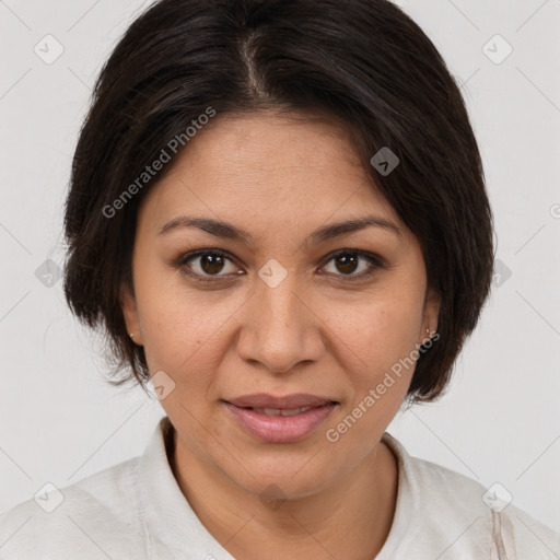 Joyful white adult female with medium  brown hair and brown eyes