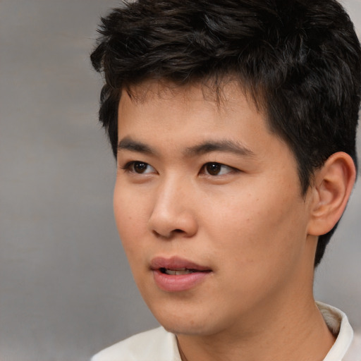 Neutral asian young-adult male with short  brown hair and brown eyes