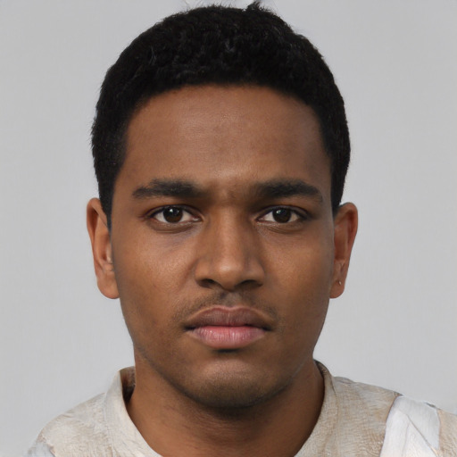 Neutral black young-adult male with short  black hair and brown eyes