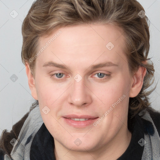 Joyful white young-adult female with medium  brown hair and blue eyes