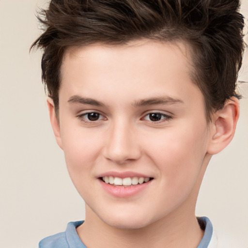 Joyful white child female with short  brown hair and brown eyes