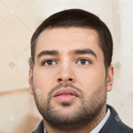 Neutral white young-adult male with short  brown hair and brown eyes