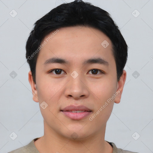 Neutral asian young-adult male with short  black hair and brown eyes