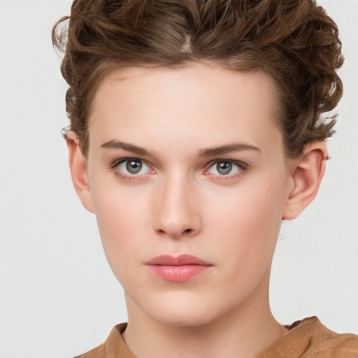 Neutral white young-adult female with short  brown hair and brown eyes