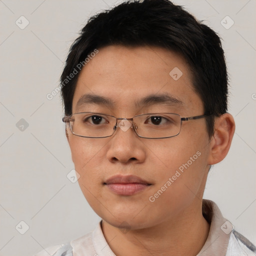 Neutral asian young-adult male with short  brown hair and brown eyes