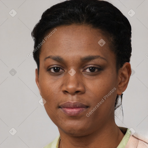 Neutral black young-adult female with short  black hair and brown eyes