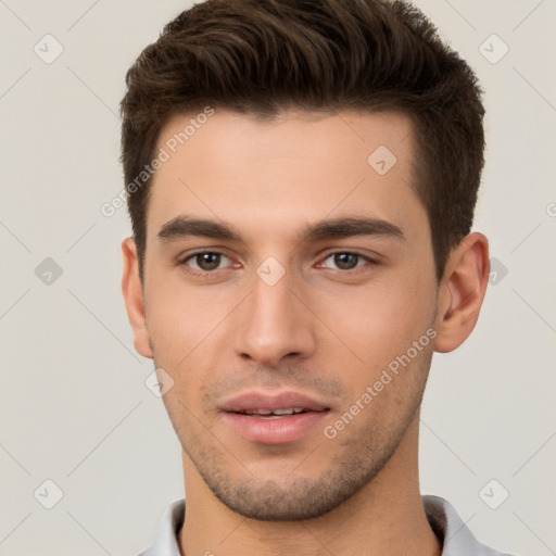 Neutral white young-adult male with short  brown hair and brown eyes