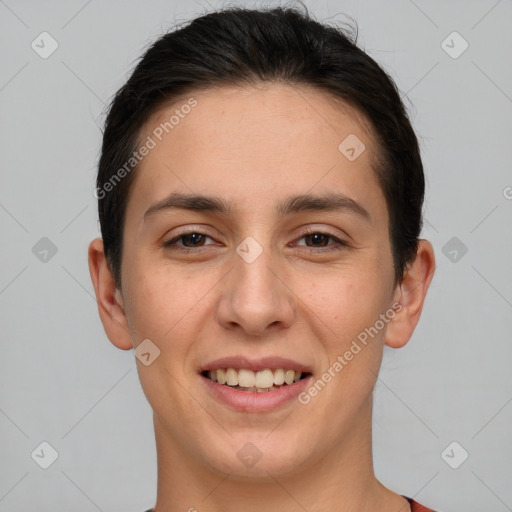 Joyful white young-adult female with short  brown hair and brown eyes