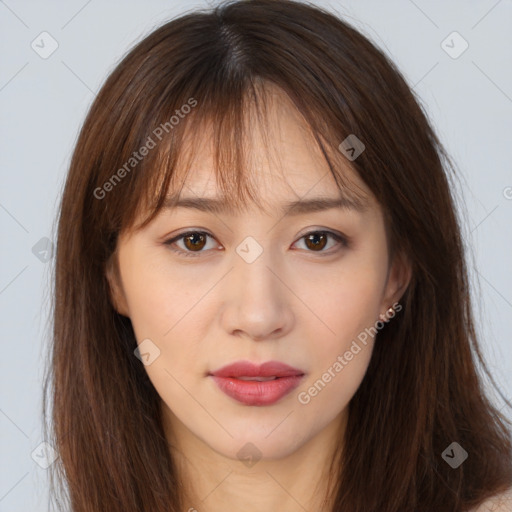 Neutral white young-adult female with long  brown hair and brown eyes