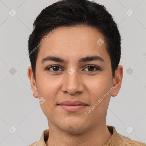 Joyful white young-adult female with short  brown hair and brown eyes