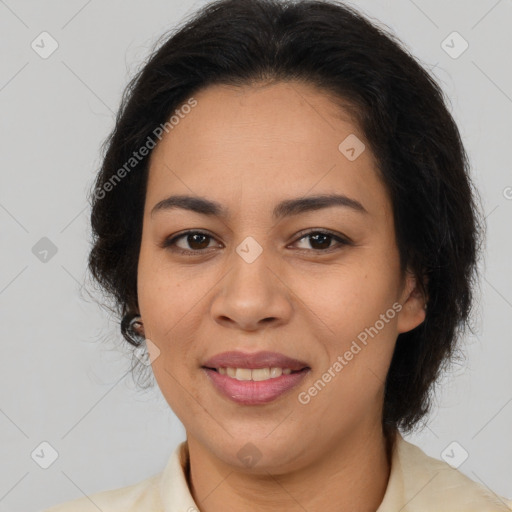 Joyful latino adult female with medium  brown hair and brown eyes