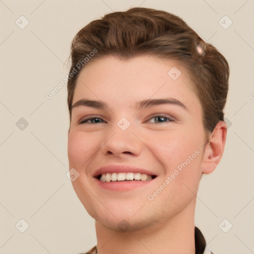 Joyful white young-adult female with short  brown hair and brown eyes