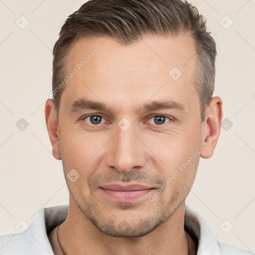 Neutral white adult male with short  brown hair and brown eyes