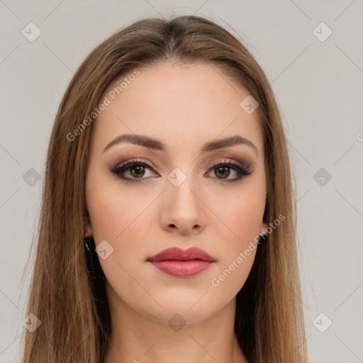 Neutral white young-adult female with long  brown hair and brown eyes