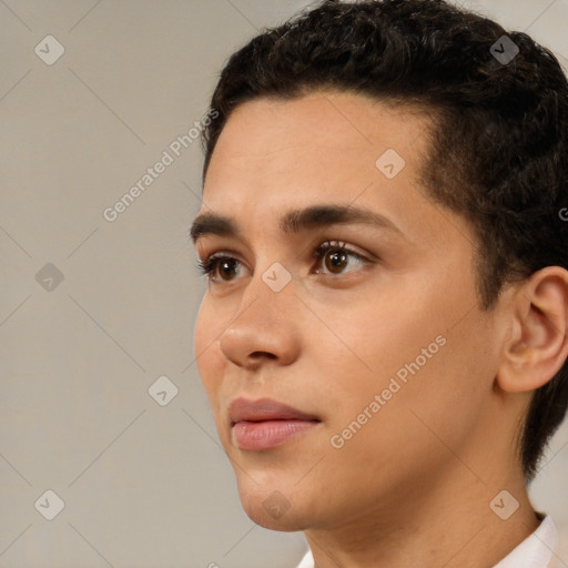 Neutral white young-adult female with short  brown hair and brown eyes