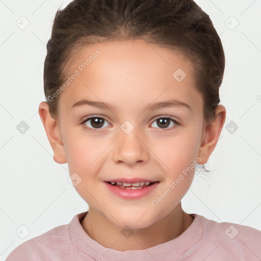 Joyful white child female with short  brown hair and brown eyes