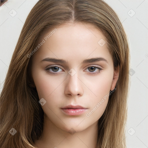 Neutral white young-adult female with long  brown hair and brown eyes