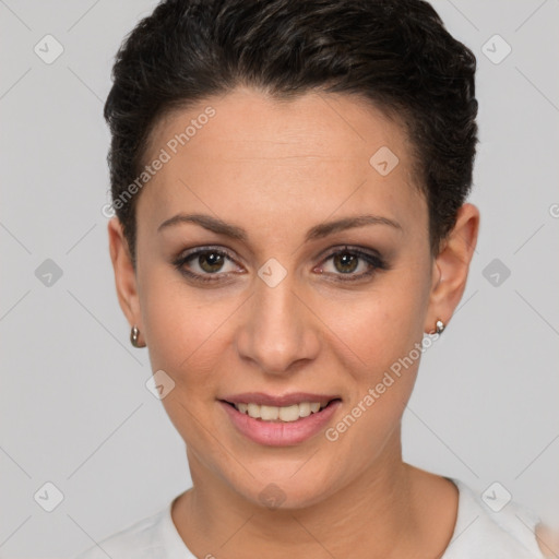 Joyful white young-adult female with short  brown hair and brown eyes