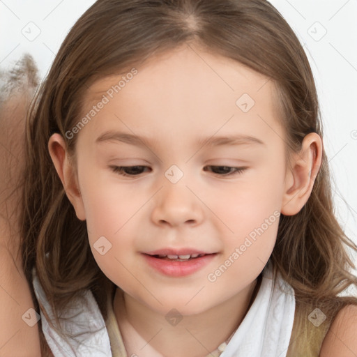 Joyful white child female with medium  brown hair and brown eyes